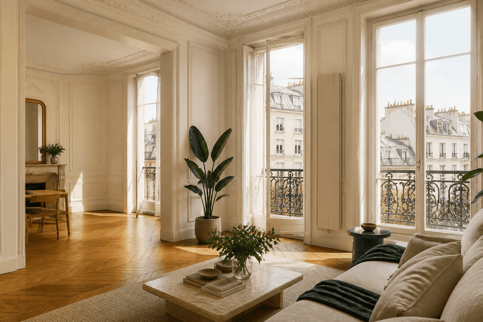 Appartement parisien lumineux avec parquet et grandes fenêtres